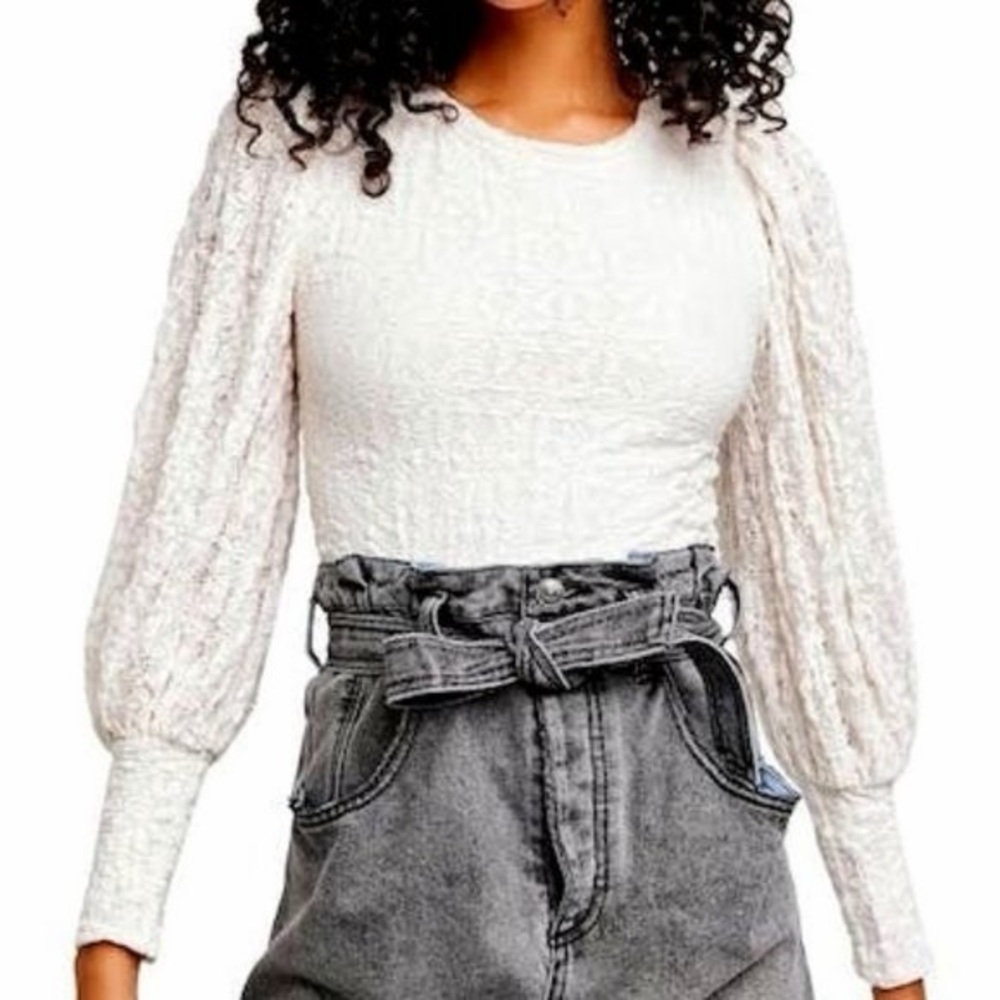 Free People Cream Textured Puff Sleeve Blouse